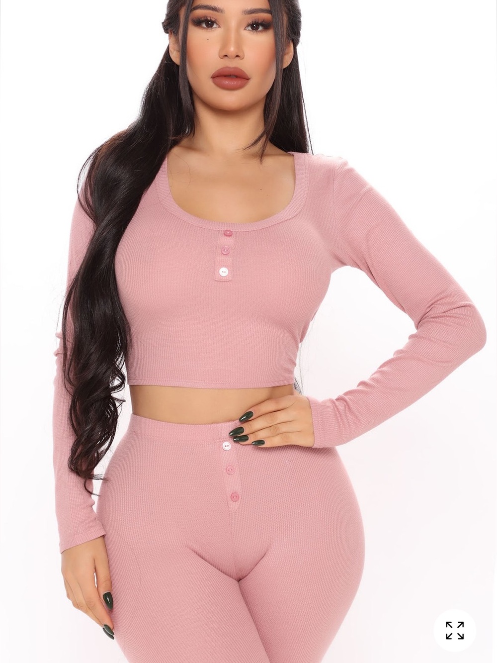 Ribbed Henley Top & High-Waist pajama Set - Dusty Rose